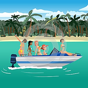 Women in bikini riding on a motorboat around a tropical beach