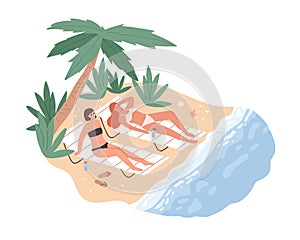 Women in bikini sunbathing on sand beach. Female friends relaxing on sunloungers at seaside resort. People resting by