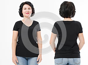 Women black blank t shirt, front and back rear view isolated on white background. Template shirt, copy space and mock up for print