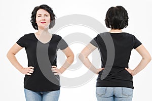 Women black blank t shirt, front and back rear view isolated on white background. Template shirt, copy space and mock up for print