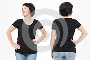 Women black blank t shirt, front and back rear view isolated on white background. Template shirt, copy space and mock up for print