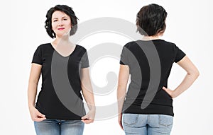 Women black blank t shirt, front and back rear view isolated on white background. Template shirt, copy space and mock up for print