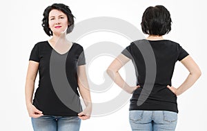 Women black blank t shirt, front and back rear view isolated on white background. Template shirt, copy space and mock up for print