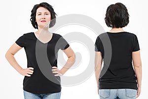 Women black blank t shirt, front and back rear view isolated on white background. Template shirt, copy space and mock up for print