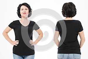 Women black blank t shirt, front and back rear view isolated on white background. Template shirt, copy space and mock up for print