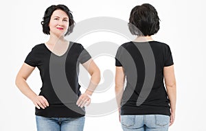 Women black blank t shirt, front and back rear view isolated on white background. Template shirt, copy space and mock up for print