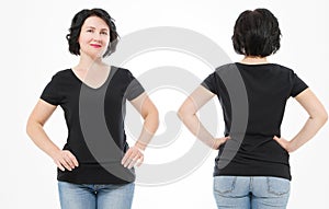 Women black blank t shirt, front and back rear view isolated on white background. Template shirt, copy space and mock up for print