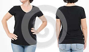 Women black blank t shirt, front and back rear view isolated on white background. Template shirt, copy space and mock up for print