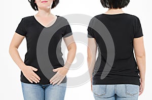 Women black blank t shirt, front and back rear view isolated on white background. Template shirt, copy space and mock up for print