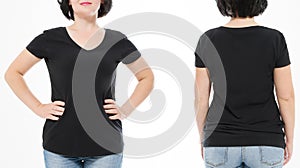 Women black blank t shirt, front and back rear view isolated on white background. Template shirt, copy space and mock up for print