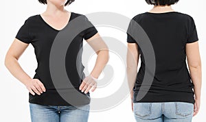 Women black blank t shirt, front and back rear view isolated on white background. Template shirt, copy space and mock up for print