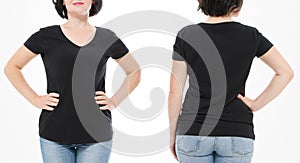 Women black blank t shirt, front and back rear view isolated on white background. Template shirt, copy space and mock up for print