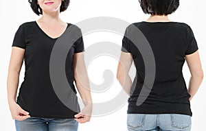 Women black blank t shirt, front and back rear view isolated on white background. Template shirt, copy space and mock up for print