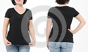 Women black blank t shirt, front and back rear view isolated on white background. Template shirt, copy space and mock up for print