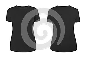 Women black blank T-shirt template,from two sides, natural shape on invisible mannequin, for your design mockup for print, isolate
