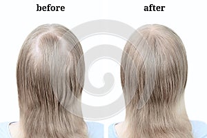 Women blond hair after using cosmetic powder to thicken hair.