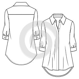 Women Blouse fashion flat sketch template. Technical Fashion Illustration. Girls Tunic length shirt