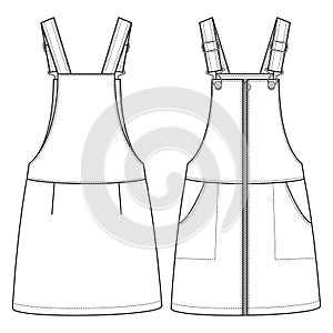 Girls Zip Front Pinafore fashion flat sketch template. Kids Jumper Dress Technical Fashion Illustration. Shank Strap Closure. Slan photo