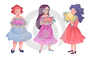 Women with bouquets of flowers, characters in full growth on a white background. Vector drawing