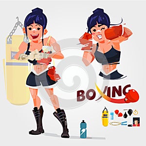 Women boxer in actions. typogreaphic. character design with gym