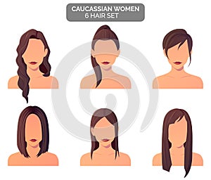 Women brown Hairstyle Collection, strait, wavy hair premium vector