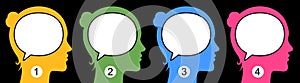 Women with bubbles in heads for text or answer placement. Female quiz, or sociological survey vector banner illustration