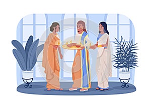 Women with burning diyas on Diwali 2D vector isolated illustration