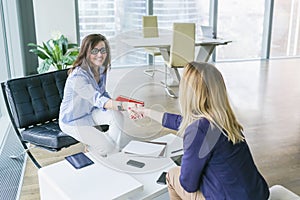 Women business handshake in the modern office