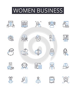 Women business line icons collection. Boost, Volume, Amplify, Expand, Increase, Intensify, Magnify vector and linear