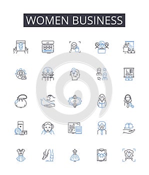 Women business line icons collection. Boost, Volume, Amplify, Expand, Increase, Intensify, Magnify vector and linear photo