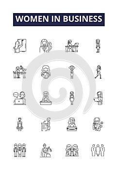 Women in business line vector icons and signs. Entrepreneurs, Leadership, Professionals, Executives, Founders, Managers