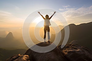 women in business success and achievement concept idea, businesswoman standing on the top of a mountain, inspirational image of