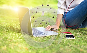 Women button upload communication network