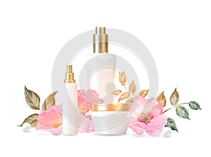 Women care cosmetic in beautiful bottles isolated over white background. Peony flower cream and oil. Moisturizer with