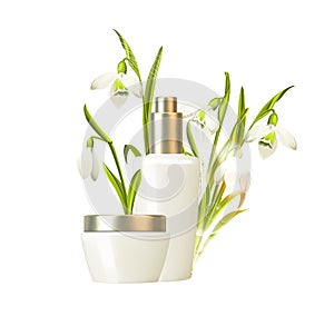 Women care cosmetic in beautiful bottles over white background. Snowdrops cream and oil. Moisturizer with Vitamins and