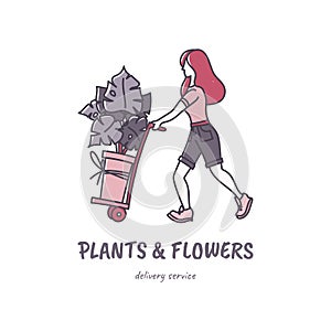 Women carries a cart with a monstera. Flowers and plants delivery service. Cartoon doodle style hand drawn illlustration