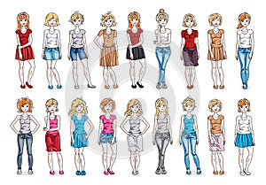 Women in casual wear vector illustrations isolated on white background big set, attractive adult girls beautiful and slim curvy