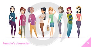 Women character design collection. Modern cartoon flat style. Females stand together. Young females in different poses.