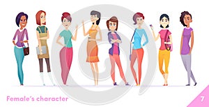 Women character design collection. Modern cartoon flat style. Females stand together. Young females in different poses.