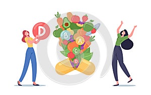 Women Characters Holding Huge Ball with Vitamin D Symbol, Healthy Fruits and Veggies Fly Out of Nutritional Supplement