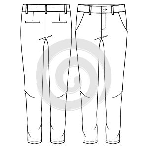 Women Chino Pant fashion flat sketch template. Girls Trousers Technical Fashion Illustration. Slim Fit. Slanted Pockets