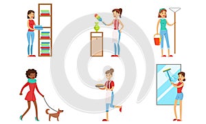 Women Cleaning Home and Doing Housework Set, Housewives Characters Daily Routine Vector Illustration