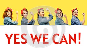 Women with a clenched fist rolling up their sleeves on yellow and white background with sign Yes We Can.