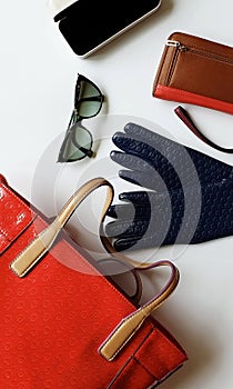 Women clothes  Accessories  Leather  gloves black sunglasses red  purse handbag fashion Spring Autumn  white background