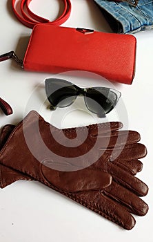 Women clothes accessories Leather gloves  green black sunglass  red purse wallet Blue White Jeans and  jumper Red Handbag girl fas