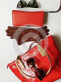 Women clothes accessories Leather gloves green black sunglasses style red purse wallet Red Handbag girl fas