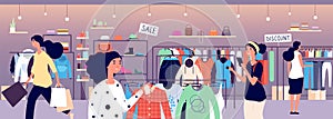 Women in clothing store. People shoppers choosing fashion clothes in boutique. Garment shop interior vector concept