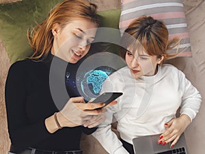Women connecting and sharing social media. Modern UI icons, communication, devices