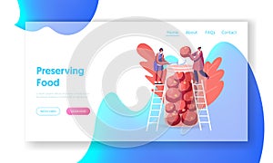 Women Cooking Fermented Homemade Food Landing Page Template. Tiny Female Characters Stand on Ladders