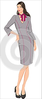 Women Croquis in Smart Uniform Sheath Dress with Piping Detail in Princess Seam and Contrast Scarf